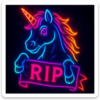 neon unicorn holding a RIP banner, glowing colors, bold and vibrant, dark background sticker