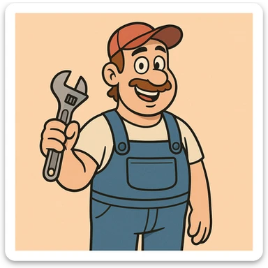 a plumber, classic blue overalls, holding a wrench, friendly expression, simple background sticker