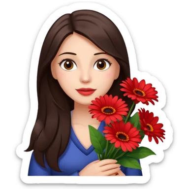 Mujer güera, con cabello largo café obscuro, ojos cafes obscuro, cargando un ramo de gerberas con cara de enamorada y corazones en su Cara sticker