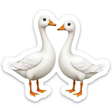 white geese standing on a small green hill, front view, foggy sticker