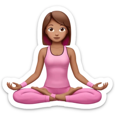 Generate a girl in a yoga pose. She is wearing a pink suit and has brown hair. sticker