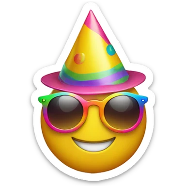 yellow, circle, smile, with party hat on, wearing colorful sunglasses sticker