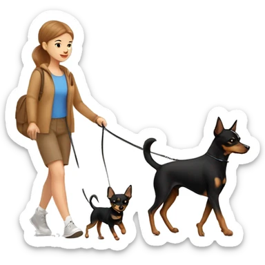 A light brown haired girl, walking one mini black and tan miniature Pinscher and one bigger, fluffy & light brown Spitz on the lead sticker