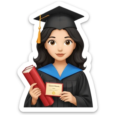 beautiful latina woman with wavy black hair wearing graduation cap and gown, holding diploma sticker