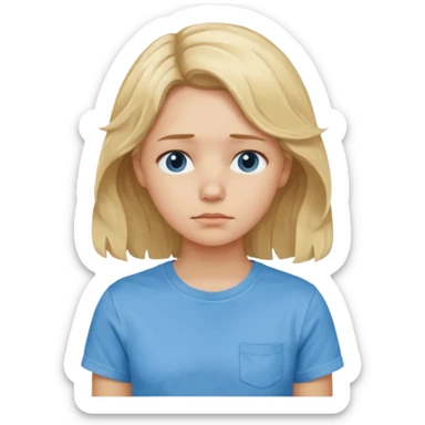 Sad blond girl with light weavy hair with a blue shirt but we can see only her face and neck and the top of the t shirt, no whole body sticker