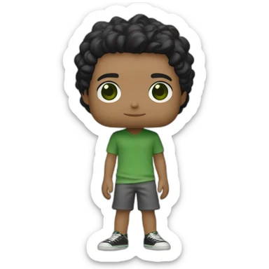 Young 18 years old boy, black hair, green eyes, long surfer hair, as a funko pop full fbody sticker