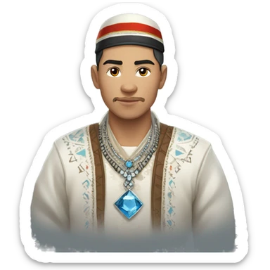Male, Young man (around 30 years old). Is dressed in a traditional Yakut national costume with modern elements. Around his neck, there is an amulet shaped like a diamond. sticker