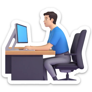 person with excessively sloping shoulders, looking away, sitting at an office desk, symbolizing shirking responsibility sticker