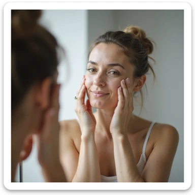 adult woman taking care of her skin in front of the mirror, theme of wellness and self-acceptance, realistic style, natural details, bathroom environment sticker