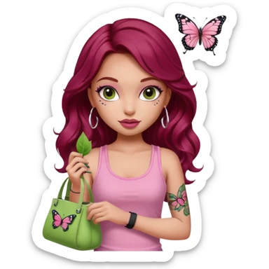 a pretty fair bratz girl with wavy dark red hair, wearing a pink tank top , carrying a matcha and a pink bag. eyeliner on. butterfly tattoo on arm sticker