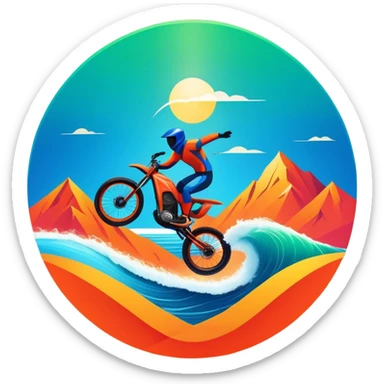 A bold, dynamic emblem combining elements of extreme sports like a mountain, a bike, surfing, ocean and a parachute, all within a circular or shield-like shape. The design conveys speed, adventure, with sharp lines and vibrant colors representing the thrill and intensity of extreme sports. sticker