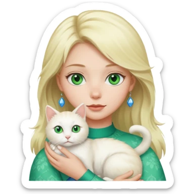 Blonde girl with green eyes holding a white cat with blue and green eyes sticker