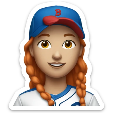 standing up white female coach with long red hair in blue  t-shirt and with a simple blue baseball hat sticker