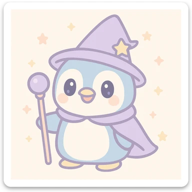 whimsical style penguin dressed as a wizard, wearing a pointed hat and holding a magic staff sticker