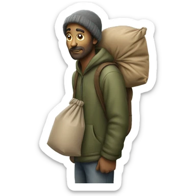 homeless man with bag on stick over shoulder sticker