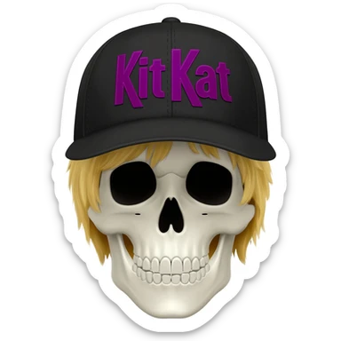 Create a skeleton head wearing a black baseball cap that says "Kit Kat" in dark purple lettering, with blonde hair sticker