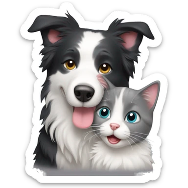 a border collie hugging grey American short hair cat sticker