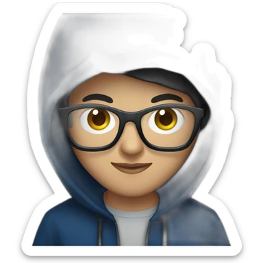 young Adult with glasses with a dark blue hood behind his computer and focus on his code  sticker