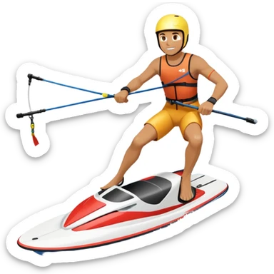 An icon showing an athlete balancing on two water skis, holding onto a rope pulled by a speedboat. Water splashes trail behind as the skier rides across the surface with no poles. Transparent background emphasizes the excitement and balance of water skiing. sticker