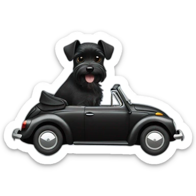 Miniature black Schnauzer driving a Volkswagen Beetle sticker