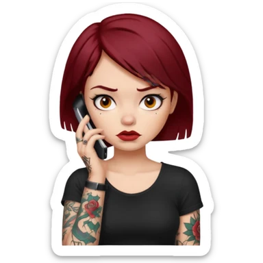 generate a girl with dark red hair, tattoos, short black hair calling on the mobile phone. Looking mad sticker