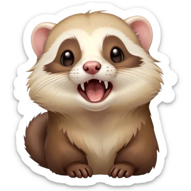 Cinematic Cute Yawning Ferret Portrait Emoji, Head tilted slightly with an exaggerated, wide-open yawn, showcasing a long, flexible body with a plush coat in soft brown and cream, droopy, drowsy eyes, and a relaxed expression, Simplified yet irresistibly endearing features, highly detailed, glowing with a soft, cozy natural glow, high shine, relaxed yet expressive, stylized with a dash of whimsical charm, soft glowing outline, capturing the essence of a sleepy yet affectionate ferret that seems ready to curl up for a nap! sticker