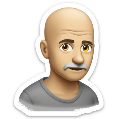 Create an image of a bald philosopher, looking thoughtful, serious and smiling  wearing a plain T-shirt.  sticker