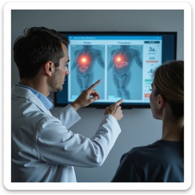 hyperrealistic 4K image of a woman with hormonal imbalance, doctor pointing at a monitor showing altered estrogen and progesterone levels, labels clearly visible, woman listening attentively sticker