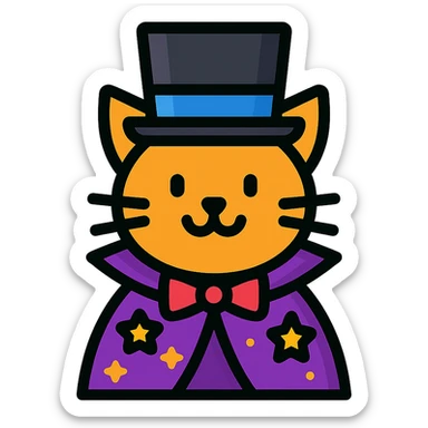 A magician cat in a top hat, a bowtie and a purple cape with stars sticker