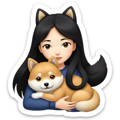 A beautiful girl with long black hair hugs a Shiba Lnu sticker