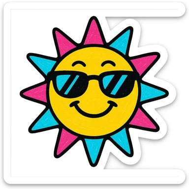 cheerful sun with sunglasses, bold outlines, vibrant palette, pop colors style sticker