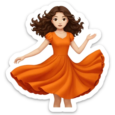 Long dark wavy hair women in orange standing spinning twirling around sticker