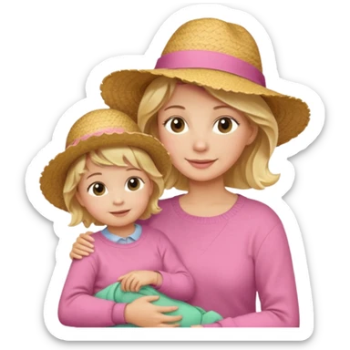 A cheerful wavy short blond hair mom in a straw hat carrying her child, wearing a pink sweater sticker