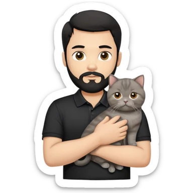 Красивый белый мужчина с бородой (черные волосы) в черном поло и на руках серый кот шотландец sticker
