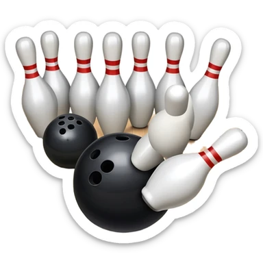 A bowling ball rolling down the lane towards a set of pins, with the pins poised to fall. The scene is set in a bowling alley with bright lights and a polished wooden floor, capturing the excitement and precision of the sport. sticker