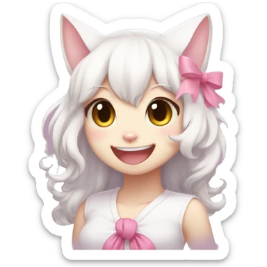 fursona white cat girl with pink bow cute laughing anime sticker