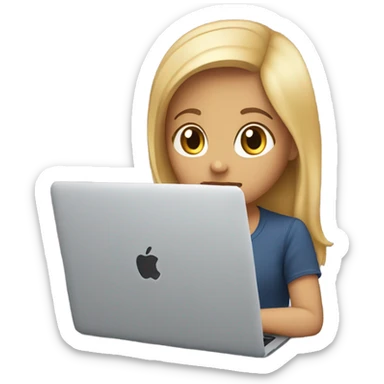 ￼ A beautiful cute girl with blond hair and brown eyes looks at a MacBook laptop sticker
