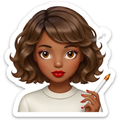 Alluring French girl french shiny brown wavy textured bob haircut tousled hair red lips and cigarette sticker