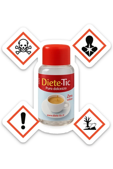 BOCCETTA DI DOLCIFICANTE LIQUIDO CON LA SCRITTA "DIETE-TIC" SULL'ETICHETTA FLUTTUA IN ARIA INSIEME A SEGNALI DI PERICOLO 3D sticker