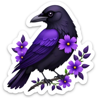 Raven with purple flowers sticker