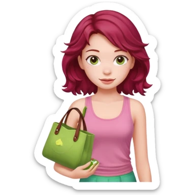 a pretty fair bratz girl with wavy dark red hair, wearing a pink tank top , carrying a matcha and a pink bag sticker