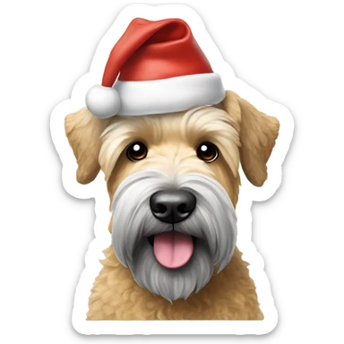 Hyper realistic soft coated Wheaton terrier with grey ears and short hair on it head wearing a Santa hat sticker
