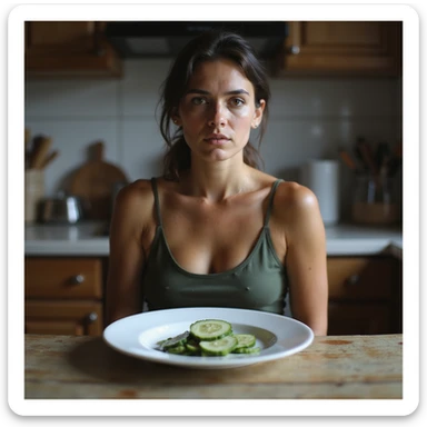 realistic style adult thin woman sitting in front of a plate with only a slice of cucumber, downcast expression, kitchen environment, atmosphere of food restriction sticker