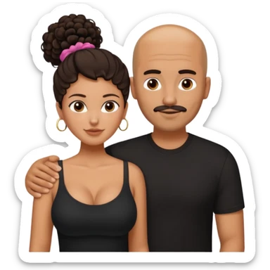 A picture of a tanned couple with the man's arm on her. the man is a Mexican man with tanned skin, a bald hair cut, short beard and wearing a black shirt. the woman is mixed, with curly dark brown hair in a messy bun and with big boobs  sticker