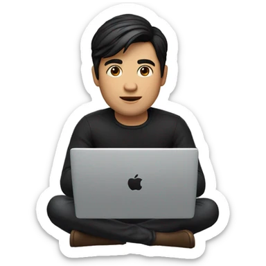 memoji of a man with a laptop in front, apple-style,modern,fair skin,black hair,black sweater,computer in hand,sitting on his desk sticker