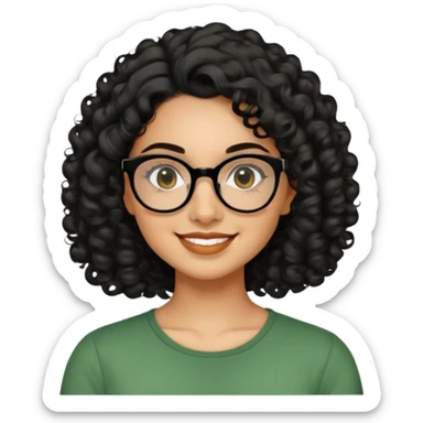 Hispanic woman in her 20s with caramel skin tone. Round face with prominent cheeks and dimples. Dark eyes with black thick-framed glasses. Shoulder-length curly black hair with defined curls. Wide sincere smile. Wearing a green casual top. sticker