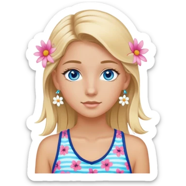 preppy coastal teen girl with blue eyes, beach blonde hair, tan skin, small flowers in her ear, preppy beach outfit sticker