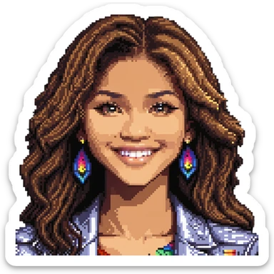 close-up face of Zendaya smiling in pixel art style sticker