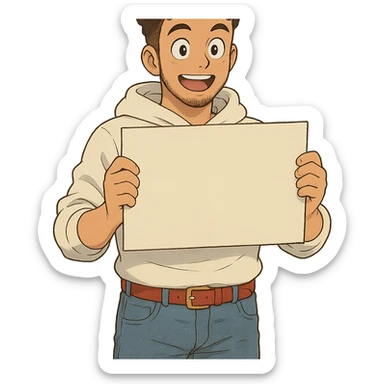 1 male, mid fade haircut dark chestnut brown curly hair, toasted lightskin, white hoodie sleeves up, fashion jeans, red fashion-sneakers shoes, red belt, short trimmed beard and goatee,  style of deku from "my hero academia", pose: holding a blank poster shoulder level, the image is framed from the waist to above the top of the head, facial expression is excited sticker