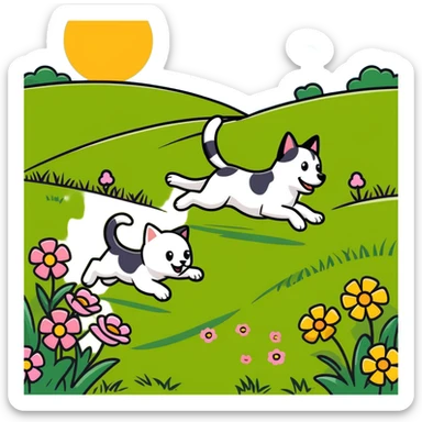 dog chasing cat in a sunny meadow with flowers sticker